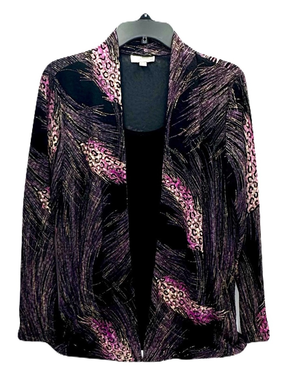 JM Collection Black Open-Front Blouse with Purple and Gold Accents, Size Medium